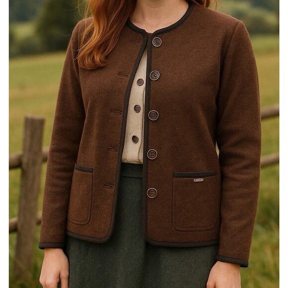 Geiger Collections Women's Vomp Button Brown 100% Boiled Wool Jacket Sz 46 EC - Picture 1 of 16